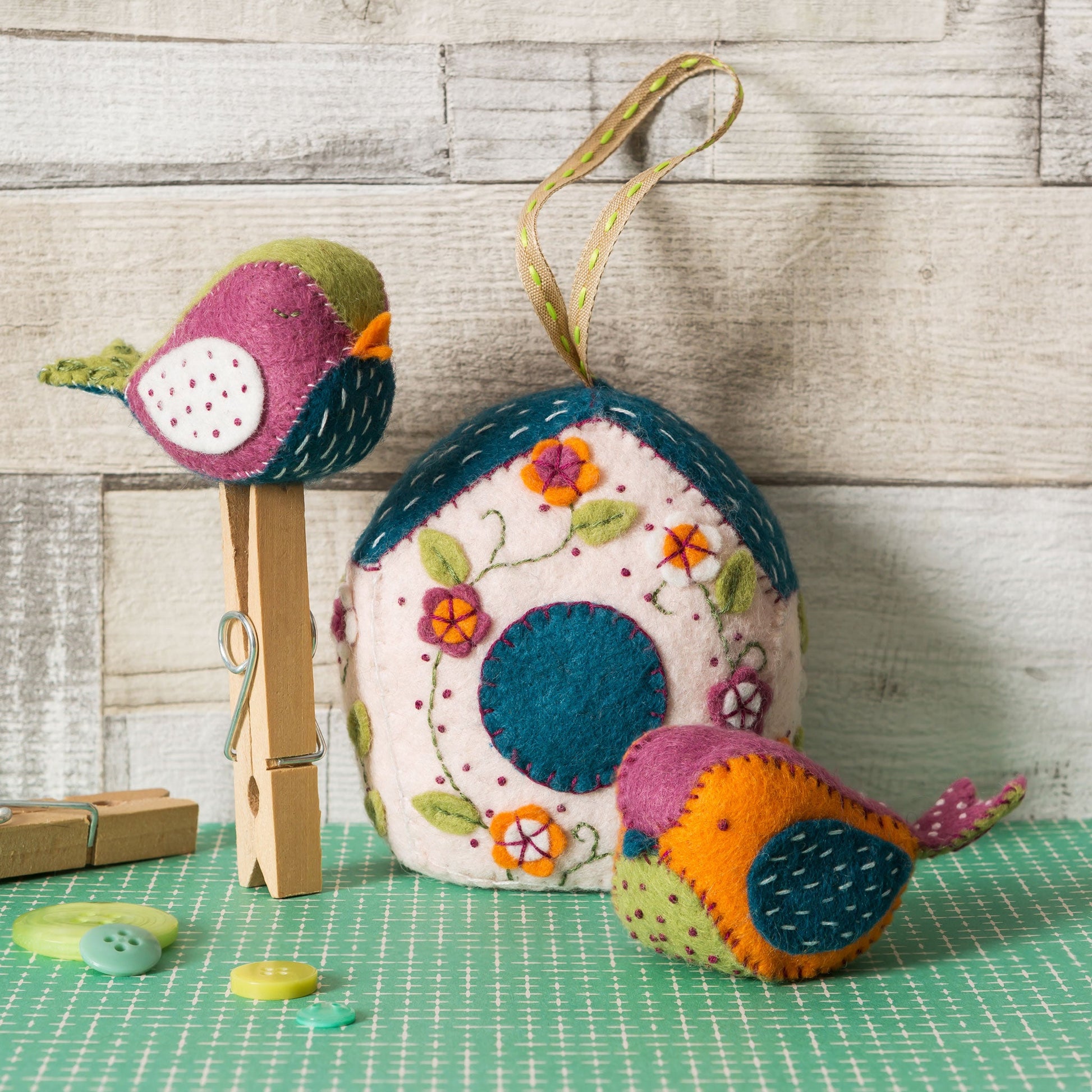 Corinne Lapierre Birds and Birdhouse Felt Craft Kit Scene. 1 felt colourful bird house, with ribbon ready to hang and 2 colourful felt birds